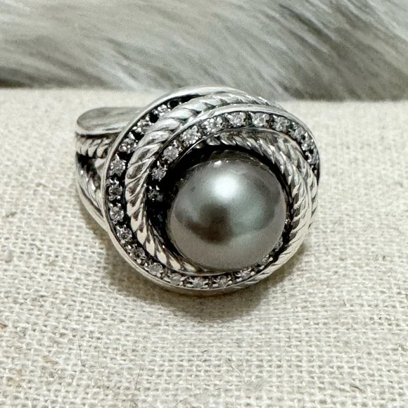 David Yurman Tahitian Pearl Diamond Crossover Ring - Picture 6 of 13